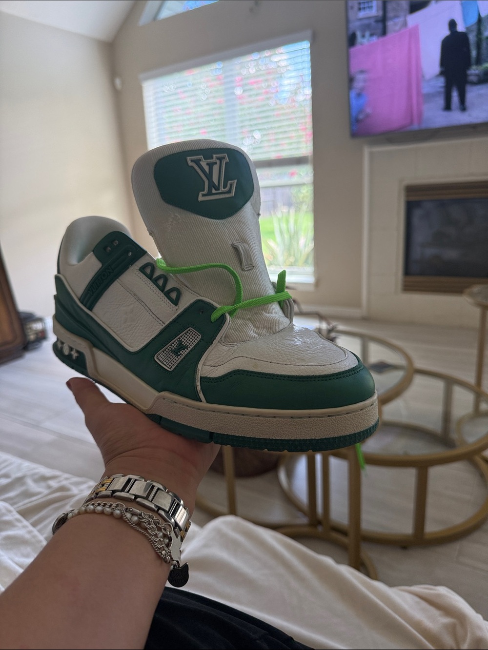 Louis Vuitton White and Green Low-Top Sneaker with Logo